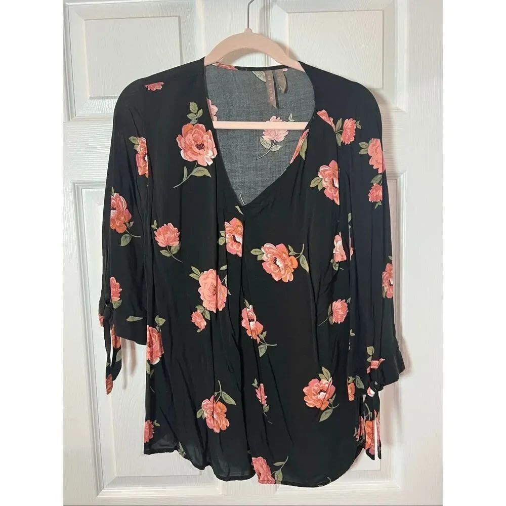Brina & Em Black Floral Sheer Blouse | Tie Sleeve | Size L